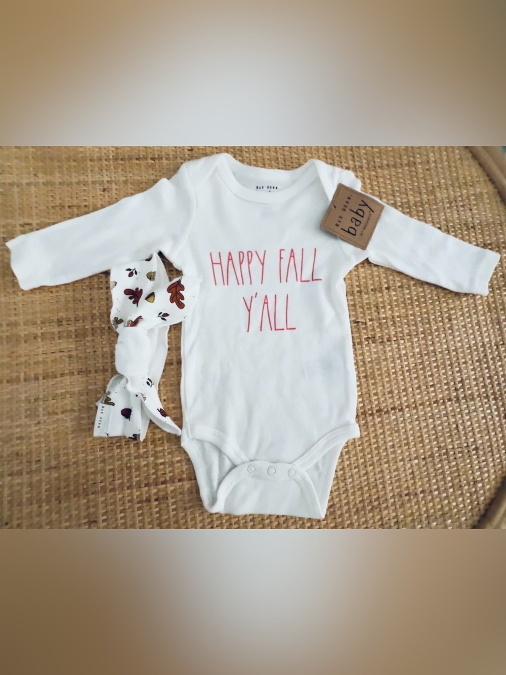 Rae Dunn Baby Bodysuit with Red Lettering• “Happy Fall Y’All”/headband• Size 6-9